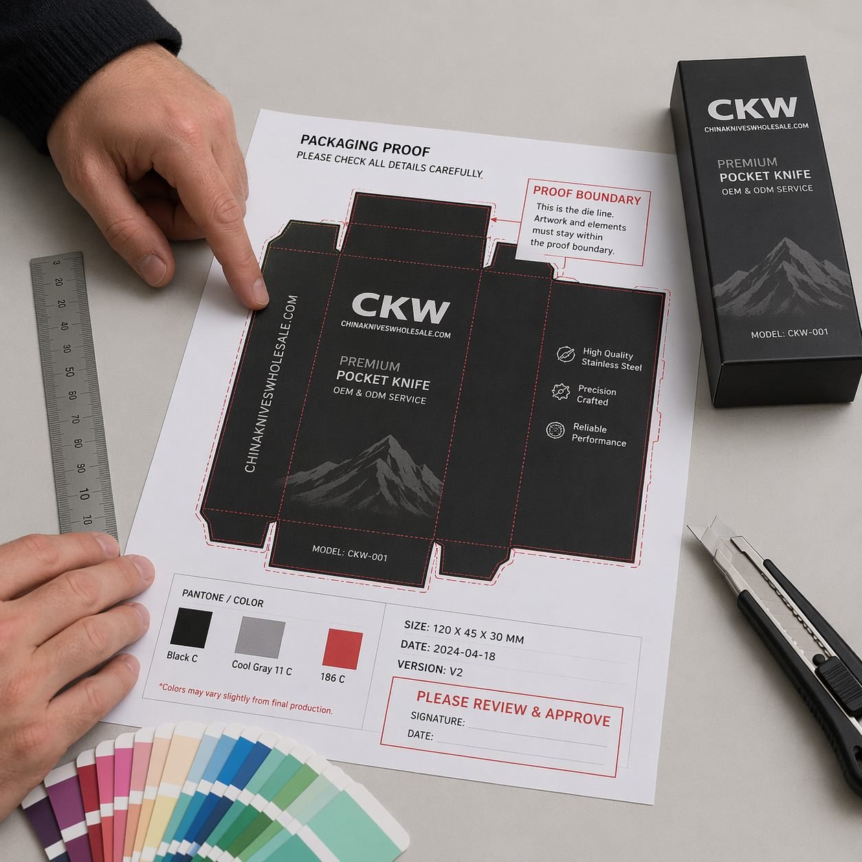 Brand insert card and packaging proof before batch knife production