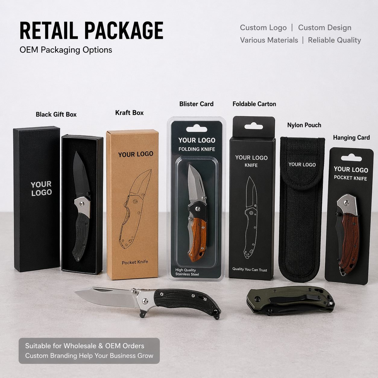 Retail knife package layout for private label sourcing