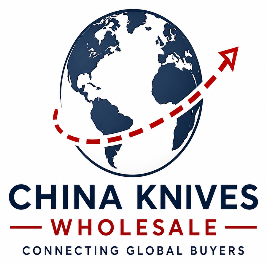 China Knives Wholesale Connecting Global Buyers logo with globe route and upward arrow