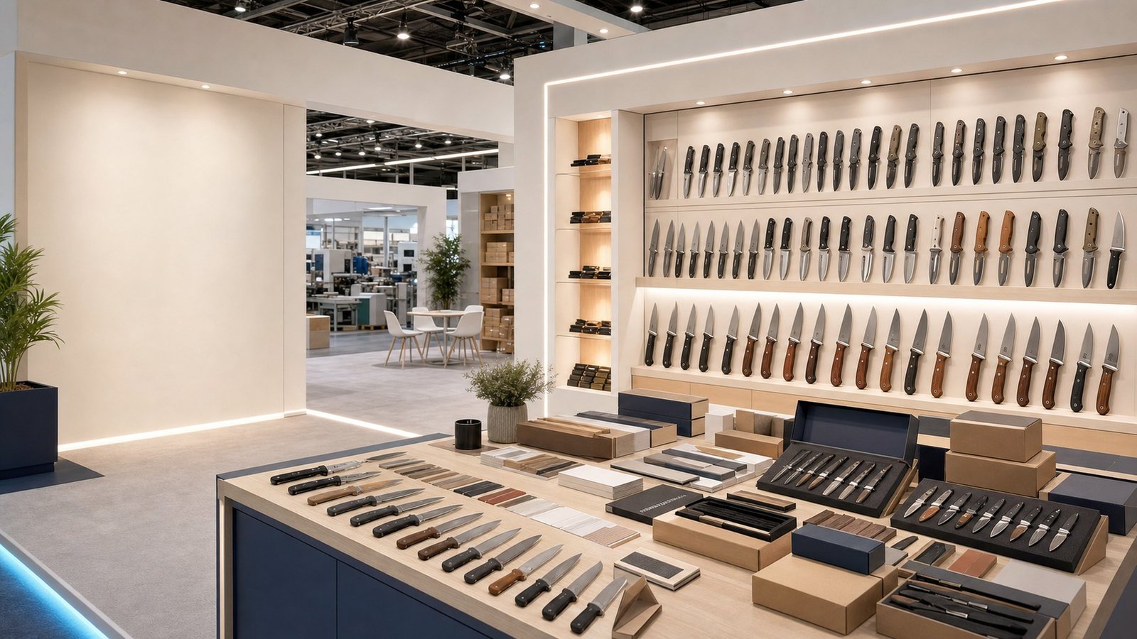 China knives wholesale bright trade showroom with sample table product wall and OEM packaging for B2B buyers